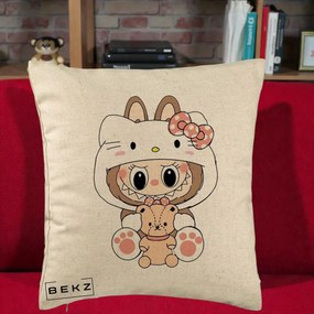 Perna Personalizata Labubu x Hello Kitty, 40x40 cm, Bej, Husa Detasabila, Perna Inclusa, BEKZ®