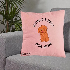 Cadou pentru Iubitorii de Caini - Perna Personalizata World's Best Dog Mom, 40x40 cm, Roz, Husa Detasabila, Perna Inclusa, BEKZ®