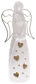 Suport de lumânare din porțelan cu baterii Îngercu inimioare alb, 8 x 19,5 cm