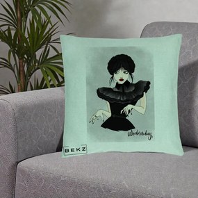 Perna Personalizata Wednesday Addams Portret Gotic, 40x40 cm, Verde Menta, Husa Detasabila, Perna Inclusa, BEKZ®