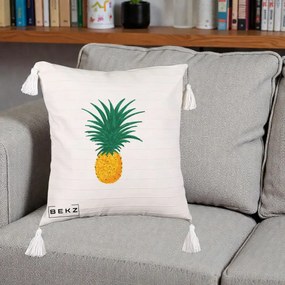 Perna Decorativa Ananas Tropical, 40x40 cm, Bej cu Franjuri, Husa Detasabila, Perna Inclusa, BEKZ®