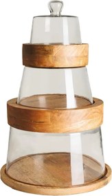 Set 3 tavi rotunde din lemn, cu capac din sticla, Stackable