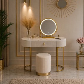 Set SARAH, Masă de toaletă pentru machiaj cu oglindă iluminată LED, control touch, sertar, taburet, 100x40x76 cm, Bej/Auriu