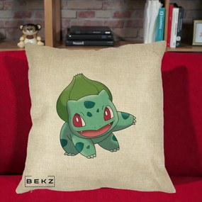 Perna Personalizata Bulbasaur Pokemon, 40x40 cm, Crem, Husa Detasabila, Perna Inclusa, BEKZ®