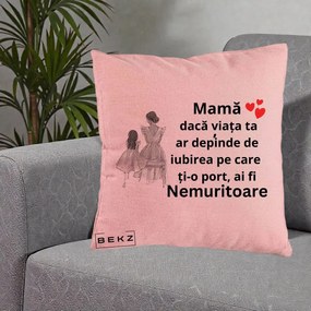 Cadou pentru Mama - Perna Personalizata Mama Nemuritoare Line Art, 40x40 cm, Roz, Husa Detasabila, Perna Inclusa, BEKZ®