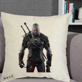 Perna Personalizata The Witcher Geralt of Rivia Portret, 40x40 cm, Ecru, Husa Detasabila, Perna Inclusa, BEKZ®