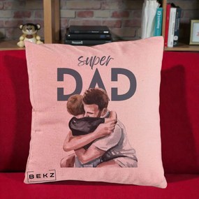 Cadou pentru Tata - Perna Personalizata Super Dad Tata si Fiu Imbratisare, 40x40 cm, Roz, Husa Detasabila, Perna Inclusa, BEKZ®