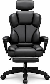 Scaun directorial, spătar înalt, tetiera reglabilă, pivotant 360°, suport picioare, piele PU, Negru