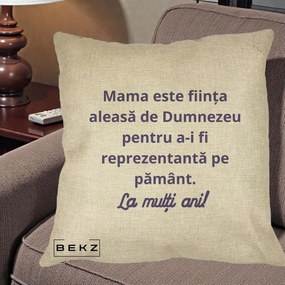 Cadou pentru Mama - Perna Personalizata Mama Este Fiinta Aleasa de Dumnezeu La Multi Ani, 40x40 cm, Crem, Husa Detasabila, Perna Inclusa, BEKZ®