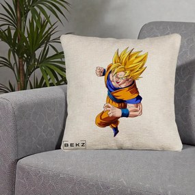 Perna Personalizata Dragon Ball Goku Super Saiyan 2 Lupta, 40x40 cm, Bej Canapea, Husa Detasabila, Perna Inclusa, BEKZ®