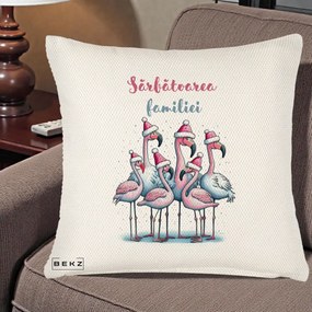 Perna Decorativa Flamingo Craciun Sarbatoarea Familiei, 40x40 cm, Crem Reliefat, Husa Detasabila, Perna Inclusa, BEKZ®
