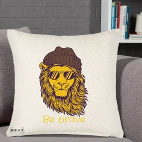 Perna Decorativa Leu Hipster Be Brave, 40x40 cm, Crem Reliefat, Husa Detasabila, Perna Inclusa, BEKZ®