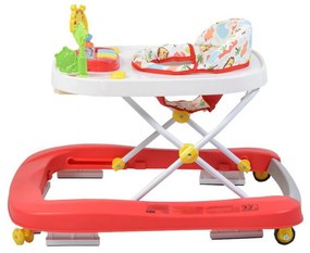 Premergator Premium reglabil in 3 trepte de inaltime NOVOKIDS™ ZooZoo Baby ,Roti silentioase din silicon, Cu melodii, Animalute, Pliabil, Rosu