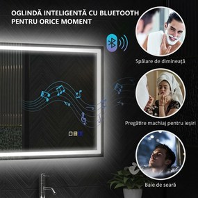HOMCOM Oglindă Baie Bluetooth LED Antiabur Tactil | Aosom Romania