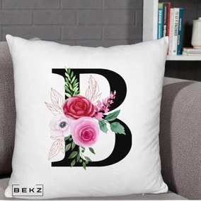 Cadou Personalizat - Perna Personalizata Monograma Florala Litera B, 40x40 cm, Alb Pufos, Husa Detasabila, Perna Inclusa, BEKZ®