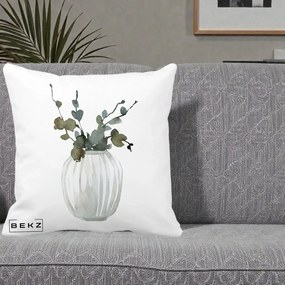 Perna Decorativa Vaza cu Eucalipt Watercolor, 40x40 cm, Alba Mata, Husa Detasabila, Perna Inclusa, BEKZ®