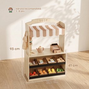 AIYAPLAY Magazin de jucărie din lemn pentru copii, tarabă cu alimente, tablă, 61 accesorii, 3-8 ani, culoare lemn | Aosom Romania
