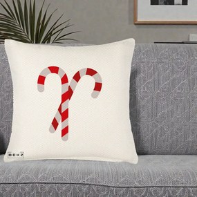 Perna Decorativa Candy Cane de Craciun, 40x40 cm, Crem Reliefat, Husa Detasabila, Perna Inclusa, BEKZ®