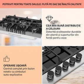 Klarstein Alchemist, plită pe gaz cu 5 zone, arzătoare din aluminiu, sticlă-ceramică, negru