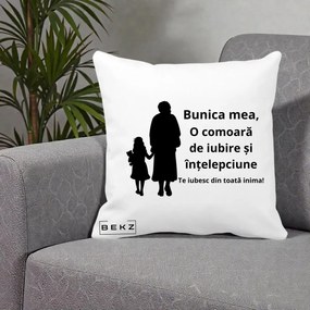 Cadou pentru Bunica - Perna Personalizata Bunica Mea Comoara Iubire Intelepciune Silueta, 40x40 cm, Alba Mata, Husa Detasabila, Perna Inclusa, BEKZ®