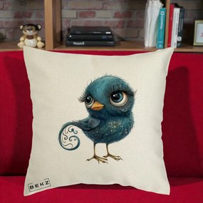 Perna Decorativa Pasare Teal cu Motive Aurii si Coada Spiralata, 40x40 cm, Ecru, Husa Detasabila, Perna Inclusa, BEKZ®