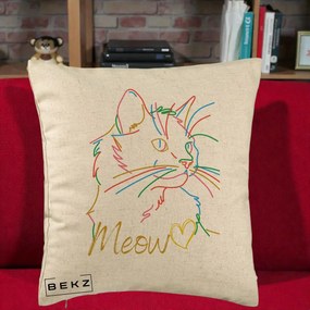Perna Personalizata Pisica Meow Arta Linie Colorata, 40x40 cm, Bej, Husa Detasabila, Perna Inclusa, BEKZ®