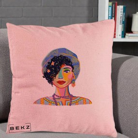 Perna Decorativa Portret Femeie Etnic Colorat, 40x40 cm, Roz, Husa Detasabila, Perna Inclusa, BEKZ®