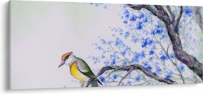 Tablou - Pasăre pe un copac cu flori albastre (120x50 cm)