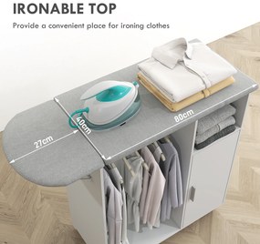 HOMCOM Dulap Multifuncțional cu Masă de Călcat | Blat din Tesatura Efect In | 3 Rafturi | Ghidaj pentru Agățat | 127x42.5x99 cm | Alb | Aosom Romania