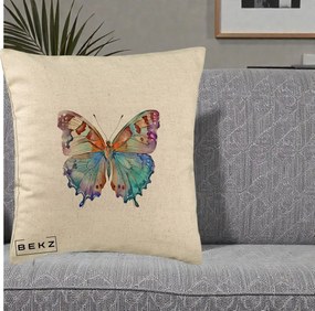 Perna Decorativa Fluture Acuarela Multicolor Portocaliu-Bleu-Mov, 40x40 cm, Bej, Husa Detasabila, Perna Inclusa, BEKZ®