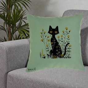 Perna Decorativa Pisica Neagra Ochi Galbeni Flori Galbene, 40x40 cm, Verde, Husa Detasabila, Perna Inclusa, BEKZ®