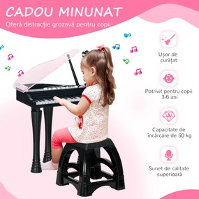 AIYAPLAY Pian pentru Copii cu Scaunel, Microfon și Muzică, 37x30.5x60.4 cm, Negru | Aosom Romania