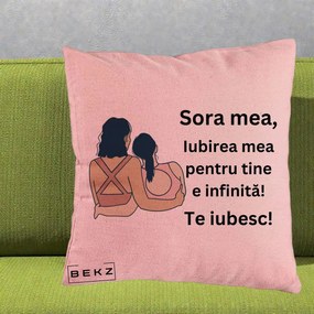 Cadou pentru Sora - Perna Personalizata Sora Mea Te Iubesc Doua Fete Fashioniste Line Art, 40x40 cm, Roz, Husa Detasabila, Perna Inclusa, BEKZ®