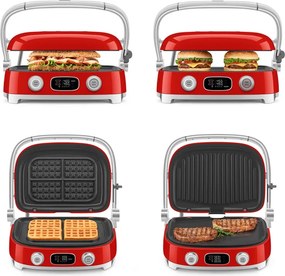 Grătar multifuncțional SMEG 50's Style MGF01RDEU, 2100 W, 60-230 °C, 3 programe, acoperire ceramică, tavă de scurgere, semnal sonor, cronometru, roșu