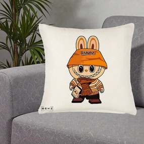Perna Personalizata Labubu Streetwear Portocaliu, 40x40 cm, Crem Reliefat, Husa Detasabila, Perna Inclusa, BEKZ®