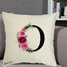 Cadou Personalizat - Perna Personalizata Monograma Florala Litera O, 40x40 cm, Ecru, Husa Detasabila, Perna Inclusa, BEKZ®