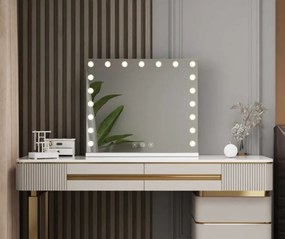 Oglindă cosmetică, iluminată, 15 becuri LED, conexiune Bluetooth, Difuzor, USB, Control Touch, Luminozitate Reglabilă, GLAM BLUETOOTH 58x46 cm
