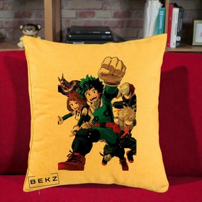 Perna Personalizata My Hero Academia Izuku Deku si Echipa, 40x40 cm, Galben, Husa Detasabila, Perna Inclusa, BEKZ®