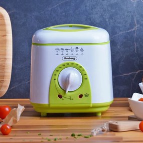 Resigilat: Friteuza mini Rosberg R51980B, 950W, 1 litru, termostat, strat antiaderent, alb / verde