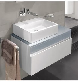 Dulap baza suspendat cu blat sticla, Memento Villeroy&amp;Boch, lavoar stanga, 80.6x46x37cm, alb/gri, C779L0MT