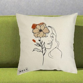 Perna Decorativa Portret Feminin Floare Bej Terracotta, 40x40 cm, Ecru, Husa Detasabila, Perna Inclusa, BEKZ®