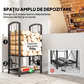 Outsunny Caseta pentru Lemne cu Set Unelte pentru Semineu in Otel Negru 40 x 30 x 74.5 cm