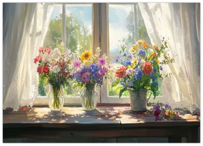 Tablou pe sticlă - Buchet la fereastră (70x50 cm)