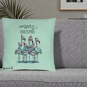 Perna Decorativa Flamingo Merry Christmas, 40x40 cm, Verde Menta, Husa Detasabila, Perna Inclusa, BEKZ®