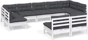 vidaXL Set mobilier grădină cu perne, 9 piese, alb, lemn masiv pin