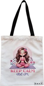 Sacosa de Panza pentru Cumparaturi, Geanta Tote, Yoga Keep calm and Om, Cu fermoar, 38x34.5 cm, Alba, BEKZ®