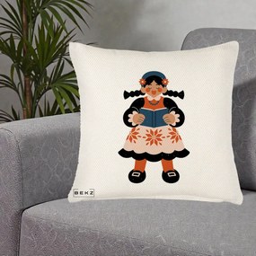 Perna Personalizata Fetita cu Carte Ilustratie Folk, 40x40 cm, Crem Reliefat, Husa Detasabila, Perna Inclusa, BEKZ®