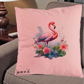 Perna Decorativa Flamingo cu Flori Tropicale Acuarela, 40x40 cm, Roz, Husa Detasabila, Perna Inclusa, BEKZ®