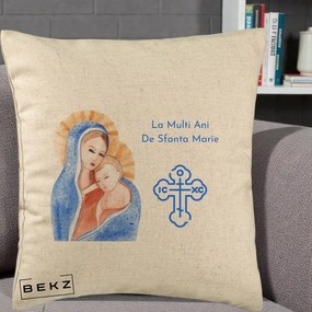 Cadou de Onomastica - Perna Personalizata Sfanta Marie Icoana Acuarela, 40x40 cm, Bej, Husa Detasabila, Perna Inclusa, BEKZ®