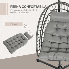 Outsunny Scaun Balansoar pentru Exterior cu Pernă Căptușită, Scaun Suspendat cu Coș Pliabil și Suport Metalic, 100x131x194 cm, Gri | Aosom Romania
